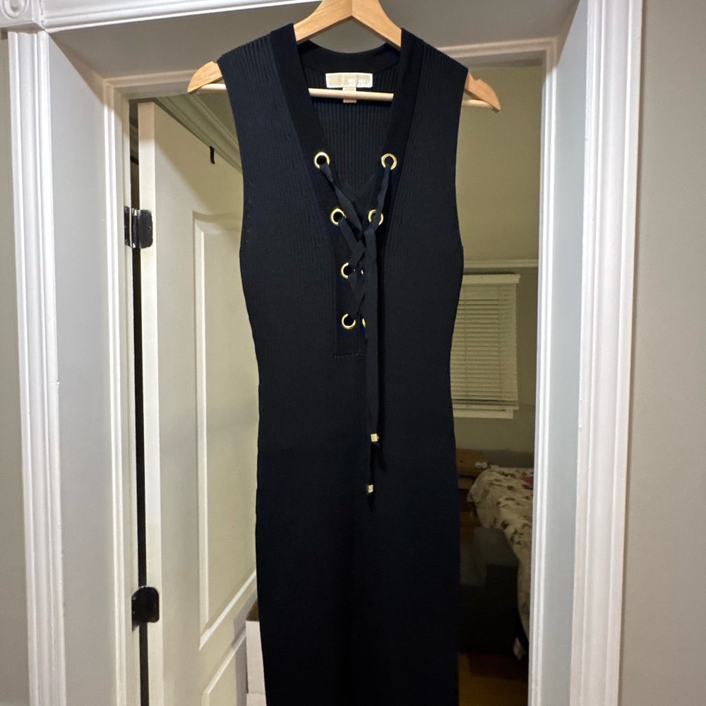 Michael Kors Black Lace-Up Midi Dress